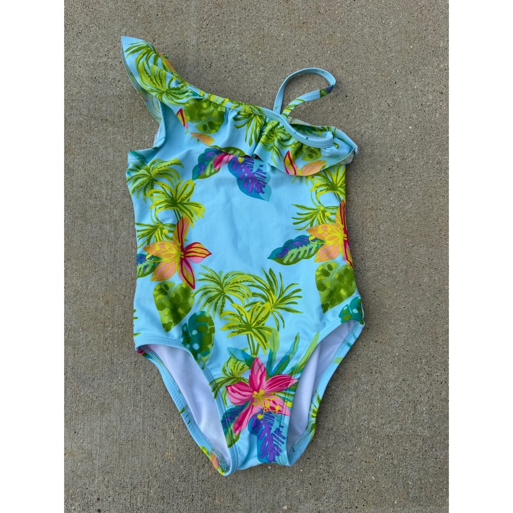 The Childrens Place Girls 5T Tropical Floral One Shoulder Ruffle Swimsuit Blue